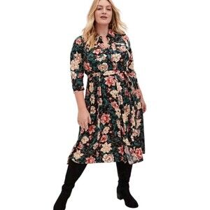 Torrid Challis Shirt Dress Womens 2X Moody Floral Cluttercore Black Belted Midi